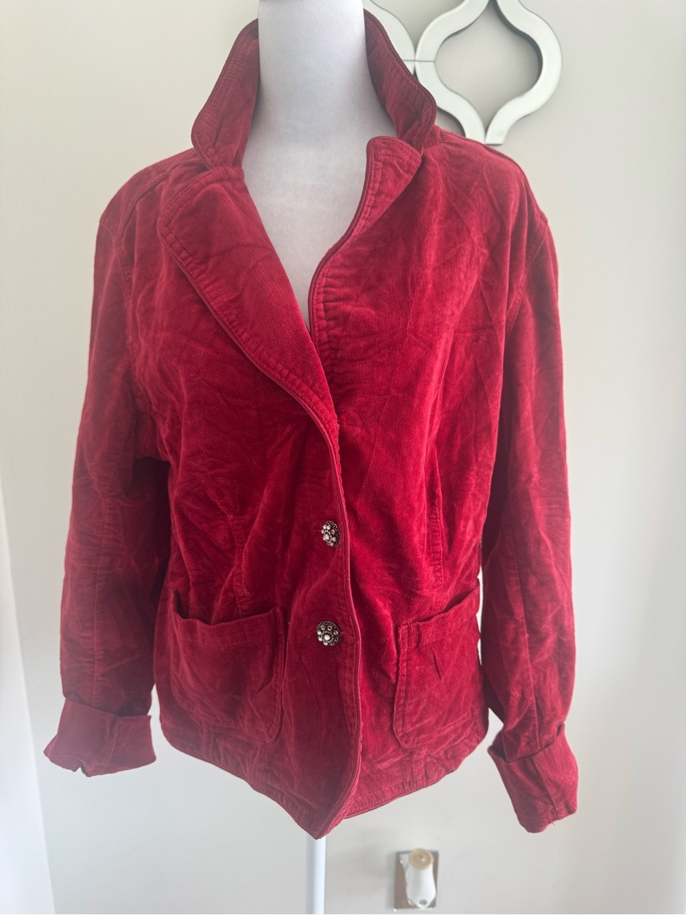 Women's Red Velvet Blazer Jacket with Decorative Buttons